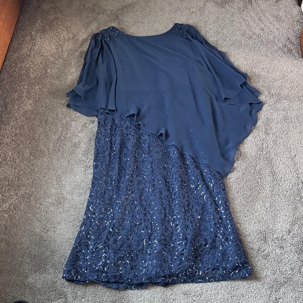 SLNY Blue Lace Overlay Dress SIZE 14W Womens Cocktail Party Flutter Sleeve